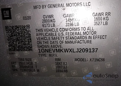 2020 Chevrolet Traverse Awd 2Fl z USA, uszkodzony, nr VIN 1GNEVMKWXLJ209137